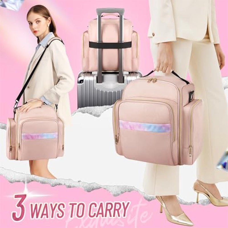 Pink 4 In 1 Travel Cosmetic Organizer Bag With Detachable Polyester Storage Boxes And Jewelry Roll Multiple Compartments