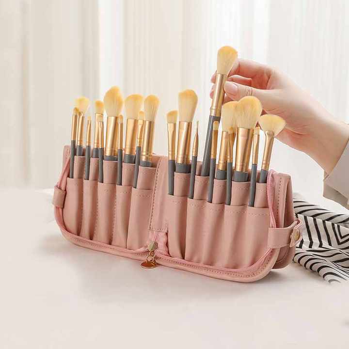 White Portable Shell Makeup Brush Storage Bag Multi Functional Pu Cosmetic Organizer With Button Closure Convertible To