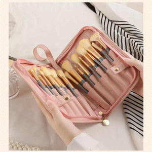 White Portable Shell Makeup Brush Storage Bag Multi Functional Pu Cosmetic Organizer With Button Closure Convertible To