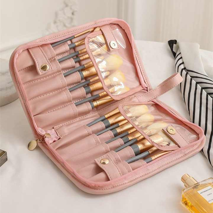 White Portable Shell Makeup Brush Storage Bag Multi Functional Pu Cosmetic Organizer With Button Closure Convertible To