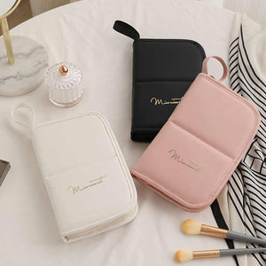 White Portable Shell Makeup Brush Storage Bag Multi Functional Pu Cosmetic Organizer With Button Closure Convertible To