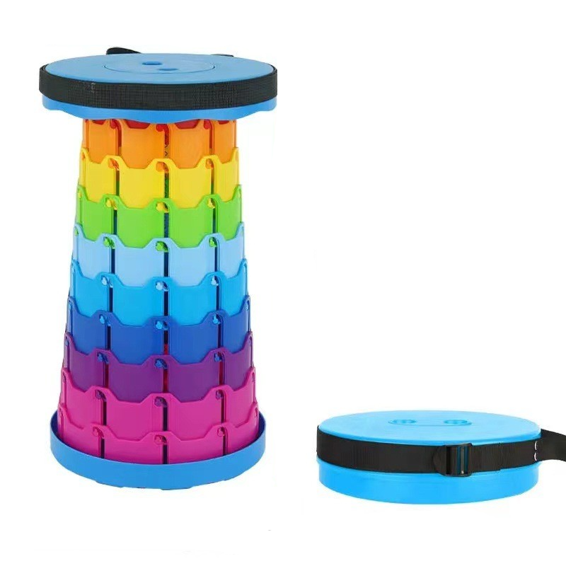 Rainbow Color Stitching Blue Portable Outdoor Telescopic Folding Stool With 100 Weight Bearing Buckles Lightweight And C