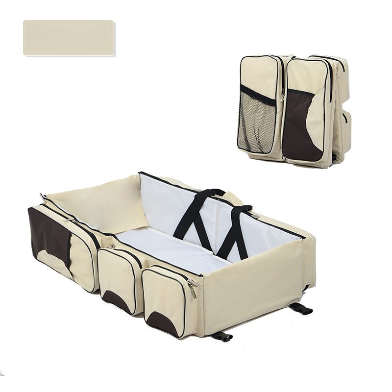 Beige Brown Patchwork Multifunctional Foldable Baby Crib Mommy Bag | Large Capacity Diaper Portable Shoulder And Handhel