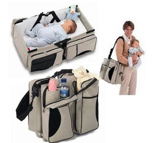 Beige Brown Patchwork Multifunctional Foldable Baby Crib Mommy Bag | Large Capacity Diaper Portable Shoulder And Handhel