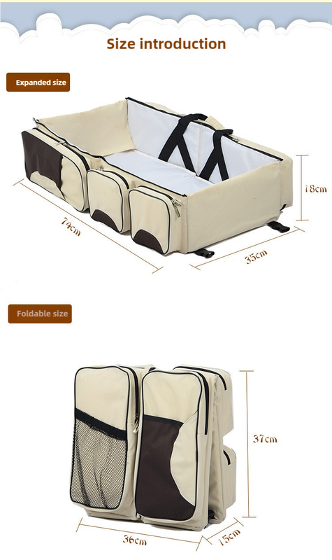 Beige Brown Patchwork Multifunctional Foldable Baby Crib Mommy Bag | Large Capacity Diaper Portable Shoulder And Handhel