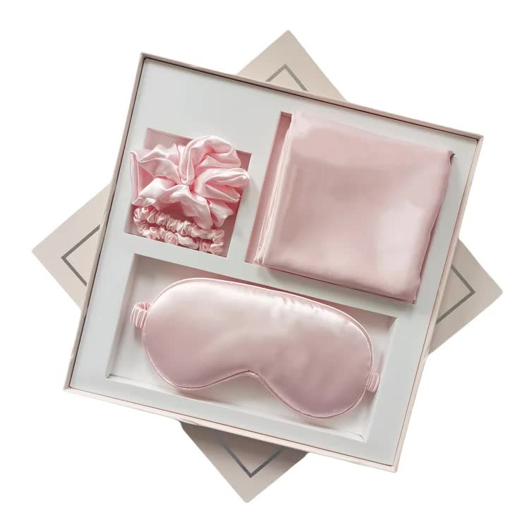 Pink Luxury Faux Silk Sleep Gift Set 4 Piece Eye Mask Pillowcase & Scrunchies For Relaxation Comfort