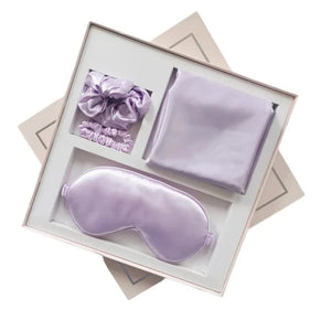 Purple Luxury Faux Silk Sleep Gift Set 4 Piece Eye Mask Pillowcase & Scrunchies For Relaxation Comfort