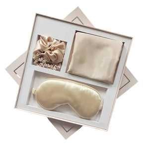 Light Gold Luxury Faux Silk Sleep Gift Set 4 Piece Eye Mask Pillowcase & Scrunchies For Relaxation Comfort