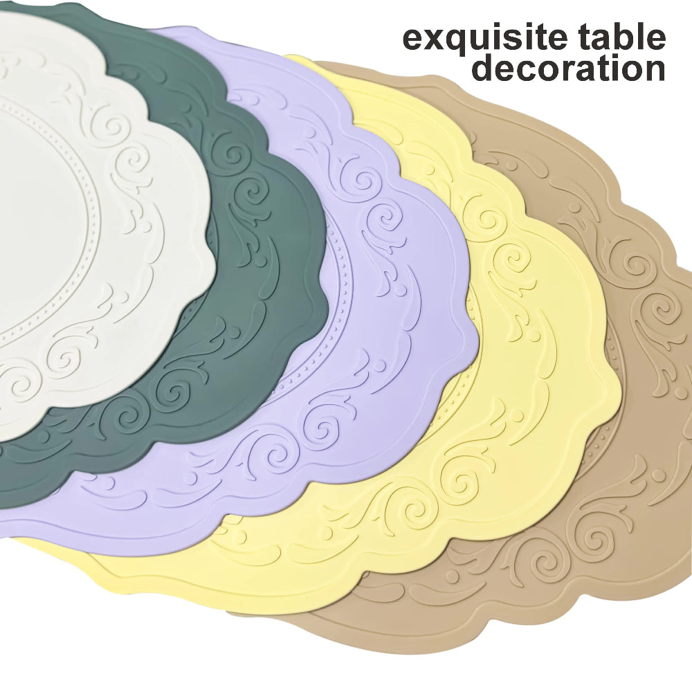 Elosung 2 Pcs Grey Oval Embossed Floral Edged Silicone Placemats Non Slip Heat Resistant Easy To Clean Dining Table Mats