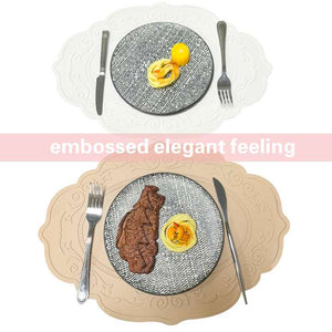 Elosung 2 Pcs Grey Oval Embossed Floral Edged Silicone Placemats Non Slip Heat Resistant Easy To Clean Dining Table Mats