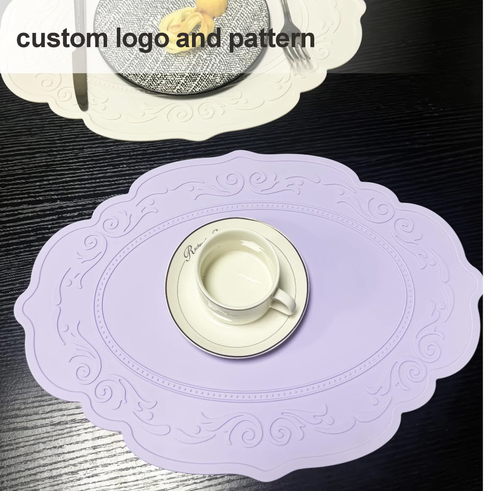 Elosung 2 Pcs Grey Oval Embossed Floral Edged Silicone Placemats Non Slip Heat Resistant Easy To Clean Dining Table Mats