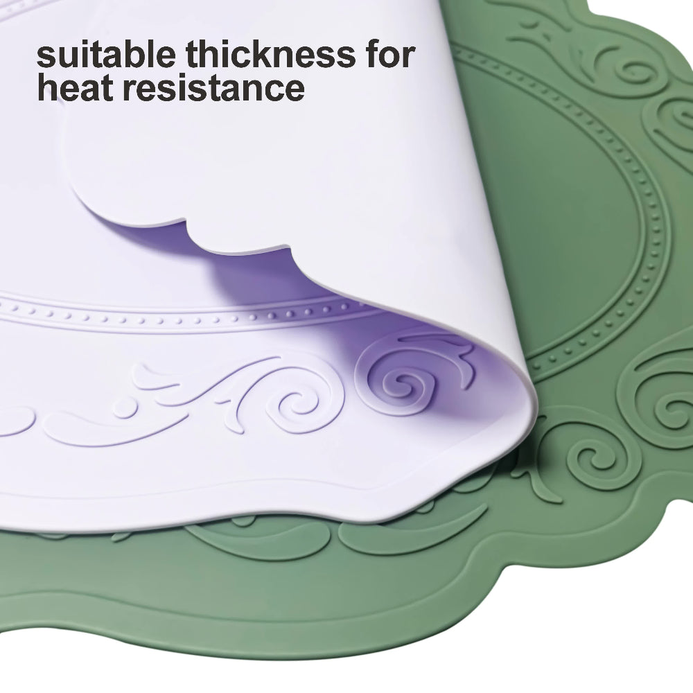 Elosung 2 Pcs Grey Oval Embossed Floral Edged Silicone Placemats Non Slip Heat Resistant Easy To Clean Dining Table Mats