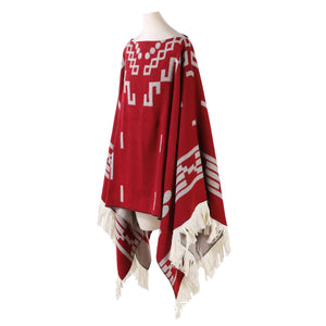 Red Women's Versatile Faux Cashmere Poncho Cape Shawl With Geometric Pattern & Fringe Trim