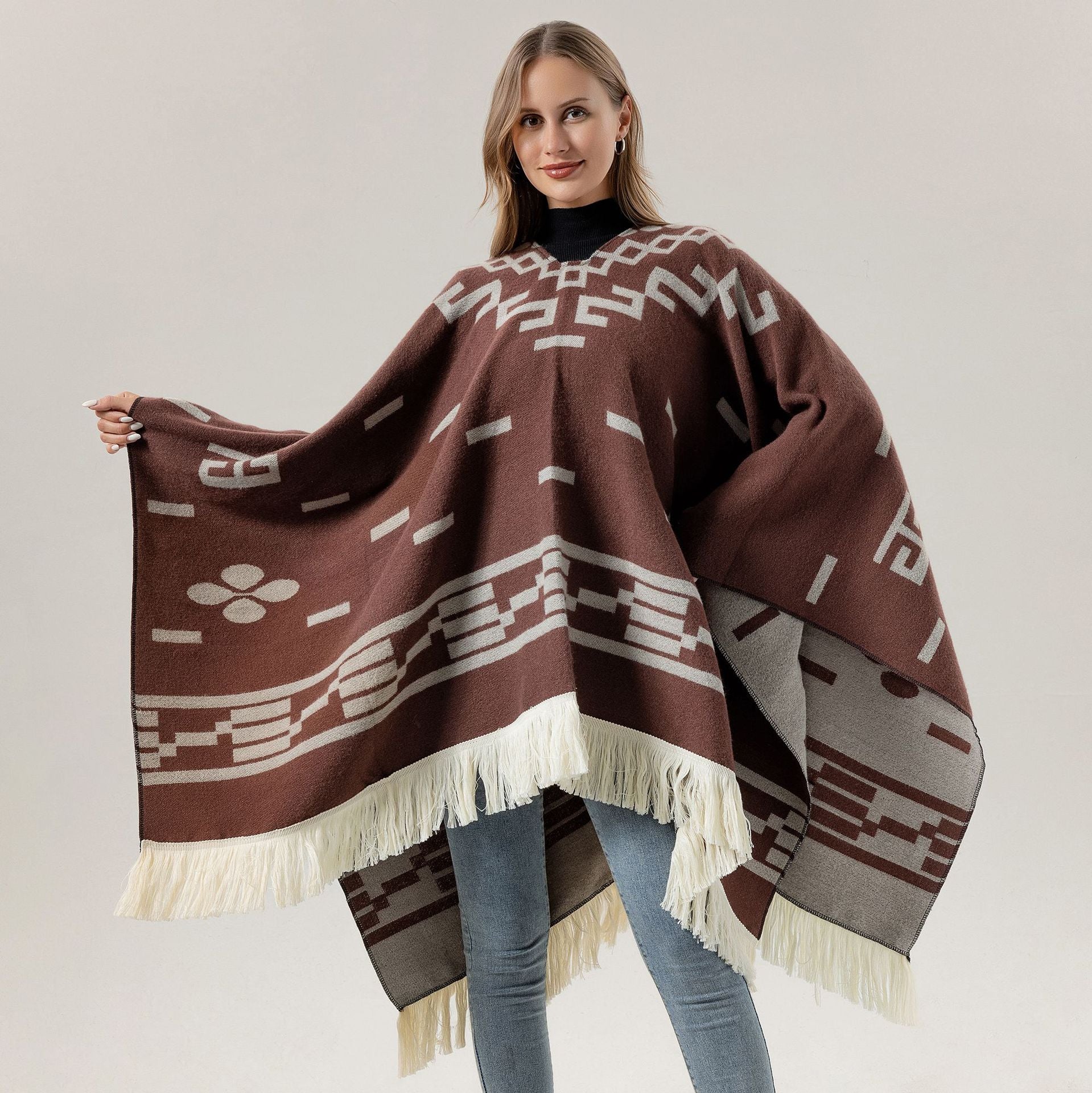 Red Women's Versatile Faux Cashmere Poncho Cape Shawl With Geometric Pattern & Fringe Trim