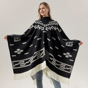 Red Women's Versatile Faux Cashmere Poncho Cape Shawl With Geometric Pattern & Fringe Trim