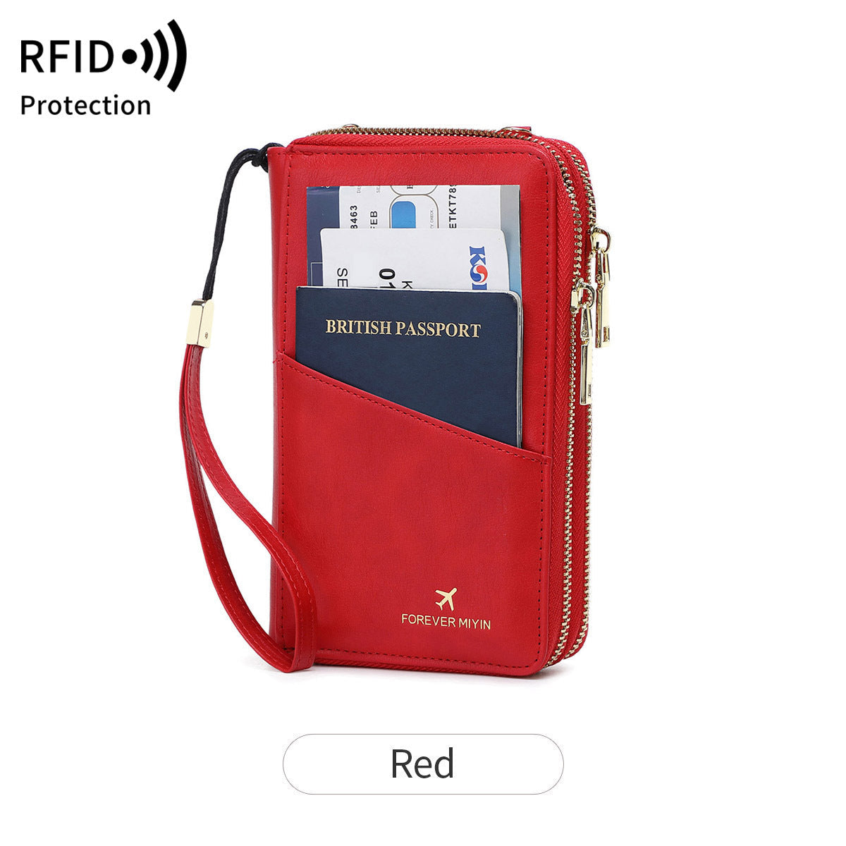 Red Rfid Blocking Passport Wallet Multi Function Travel Organizer With Double Zipper And Crossbody Strap