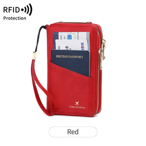 Red Rfid Blocking Passport Wallet Multi Function Travel Organizer With Double Zipper And Crossbody Strap
