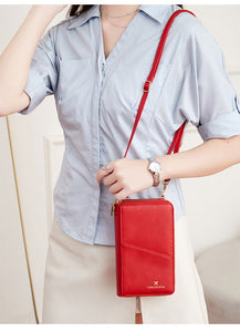 Red Rfid Blocking Passport Wallet Multi Function Travel Organizer With Double Zipper And Crossbody Strap