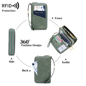 Red Rfid Blocking Passport Wallet Multi Function Travel Organizer With Double Zipper And Crossbody Strap