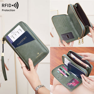 Red Rfid Blocking Passport Wallet Multi Function Travel Organizer With Double Zipper And Crossbody Strap