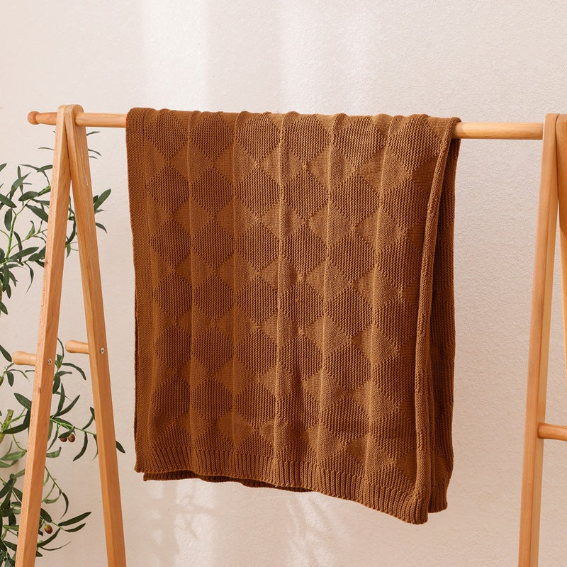 Caramel Cozy Lightweight Acrylic Knit Throw Blanket Diamond Waffle Texture For Sofa Bed & Travel