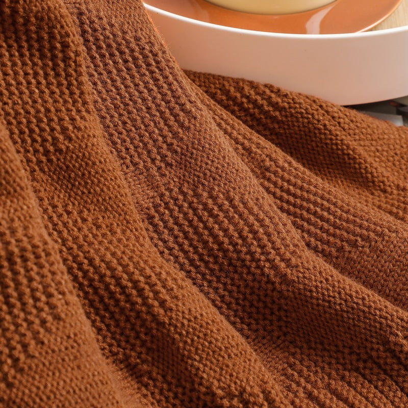 Caramel Cozy Lightweight Acrylic Knit Throw Blanket Diamond Waffle Texture For Sofa Bed & Travel