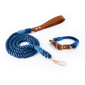 Premium Leather Pet Collar And Leash Soft Strong Braided Rope Navy Blue Size M