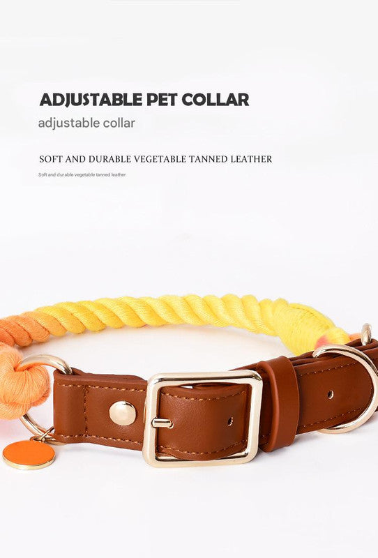 Premium Leather Pet Collar And Leash Soft Strong Braided Rope Navy Blue Size M