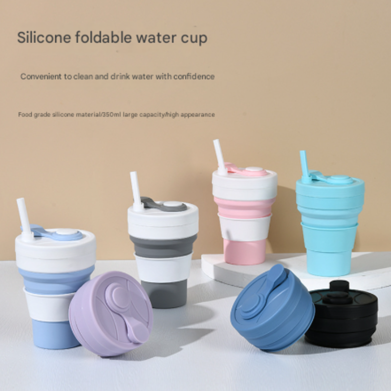 2 Pcs White And Blue 350Ml Collapsible Silicone Travel Cup Portable Leak Proof & Food Grade Drinking Mug With Lid Insula