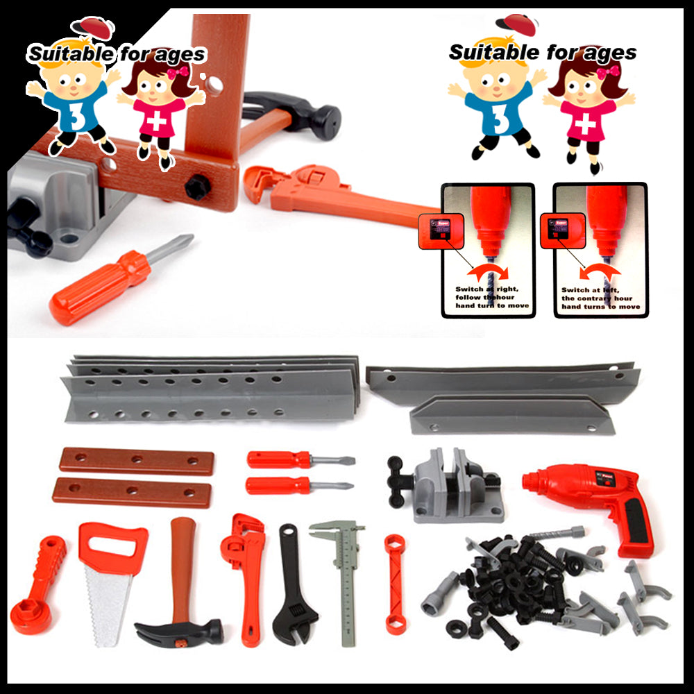 Tool Box Work Bench With Battery Operated Drill Set Kids Pretend Play Toy 55Pcs