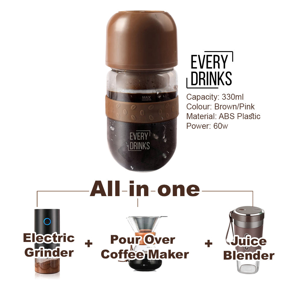 Brown All In1 Anywhere Portable Drip Pour Over Coffee Maker + Electric Grinder Juice Blender Freshly Ground