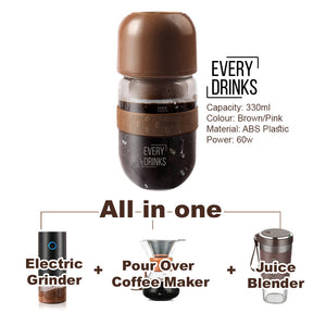 Brown All In1 Anywhere Portable Drip Pour Over Coffee Maker + Electric Grinder Juice Blender Freshly Ground