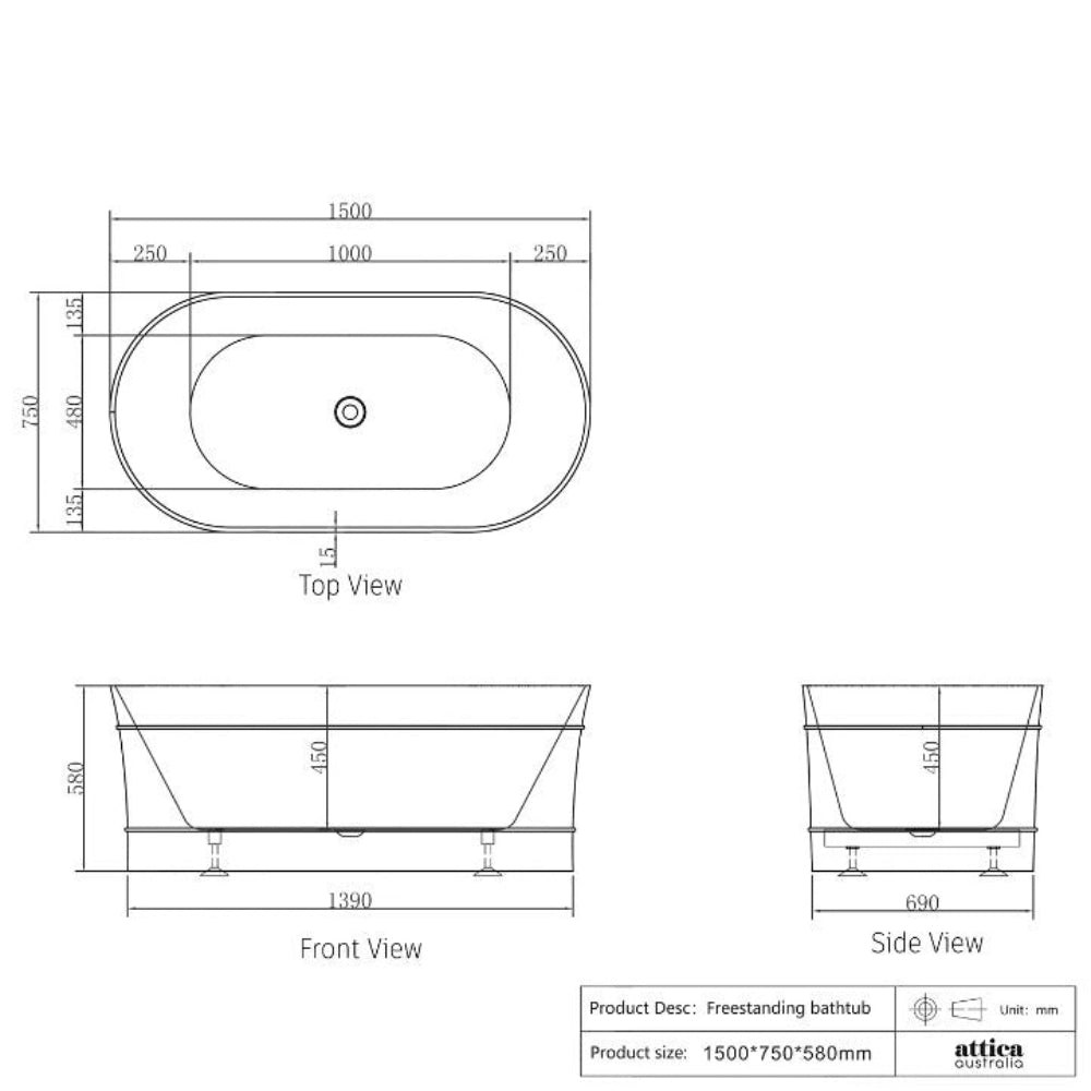 1500/1700*750/800*580Mm Ins Otti Bondi Matt/Gloss White Oval Acrylic Freestanding Bathtub