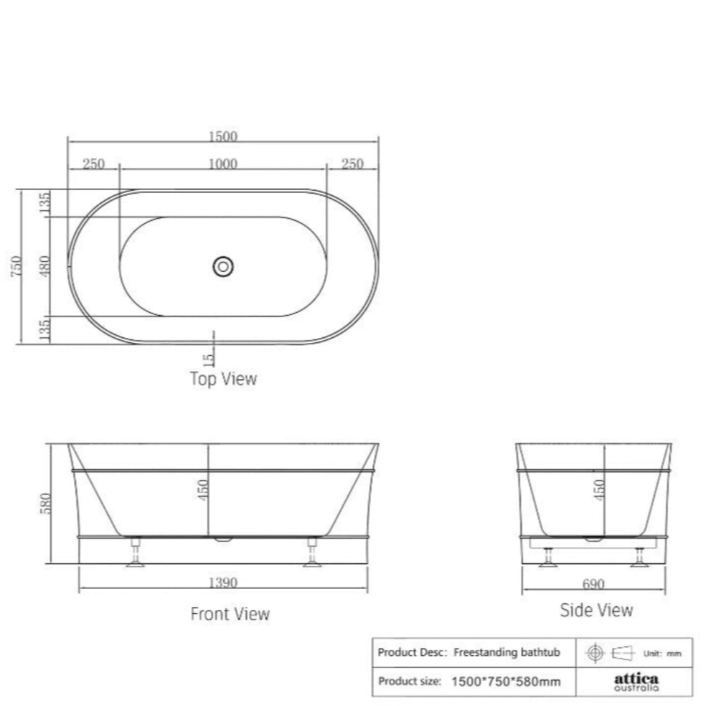 1500/1700*750/800*580Mm Ins Otti Bondi Matt/Gloss White Oval Acrylic Freestanding Bathtub