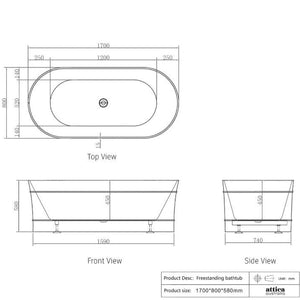 1500/1700*750/800*580Mm Ins Otti Bondi Matt/Gloss White Oval Acrylic Freestanding Bathtub