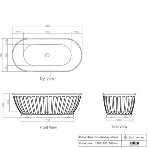 1500/1700*750/800*580Mm Ins Otti Kensington Gloss/Matt White Oval Acrylic Freestanding Bathtub