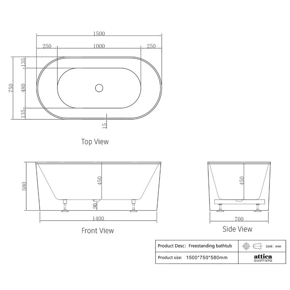 1500/1700*750/800*580Mm Ins Otti Noosa Gloss/Matt White Oval Acrylic Freestanding Bathtub