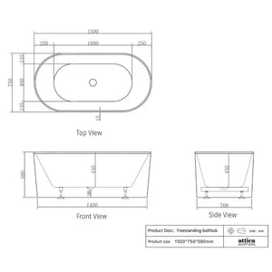 1500/1700*750/800*580Mm Ins Otti Noosa Gloss/Matt White Oval Acrylic Freestanding Bathtub