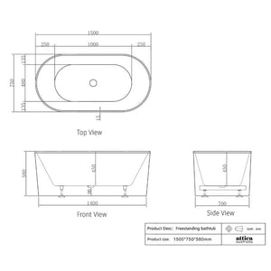 1500/1700*750/800*580Mm Ins Otti Noosa Gloss/Matt White Oval Acrylic Freestanding Bathtub