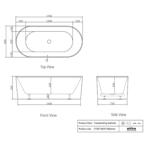 1500/1700*750/800*580Mm Ins Otti Noosa Gloss/Matt White Oval Acrylic Freestanding Bathtub