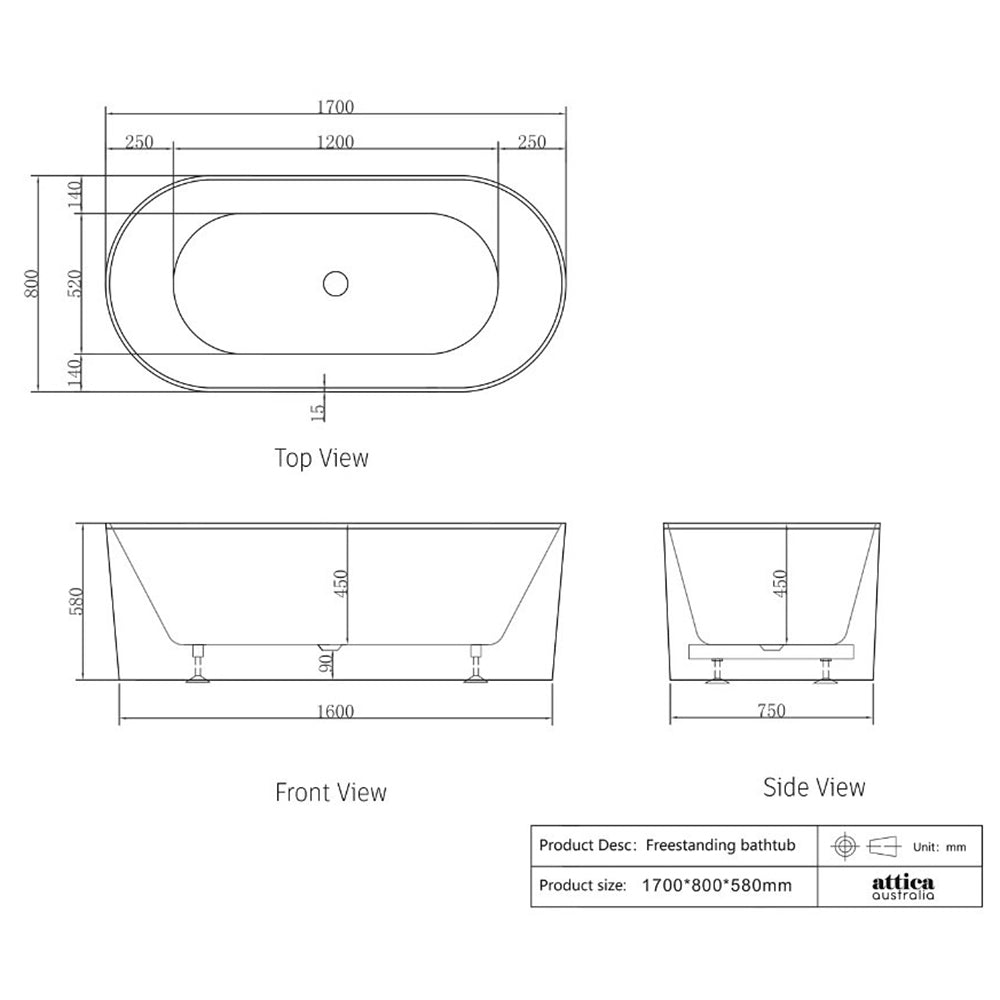 1500/1700*750/800*580Mm Ins Otti Noosa Gloss/Matt White Oval Acrylic Freestanding Bathtub