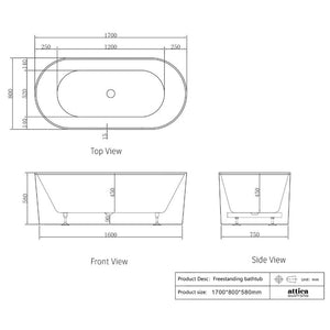 1500/1700*750/800*580Mm Ins Otti Noosa Gloss/Matt White Oval Acrylic Freestanding Bathtub