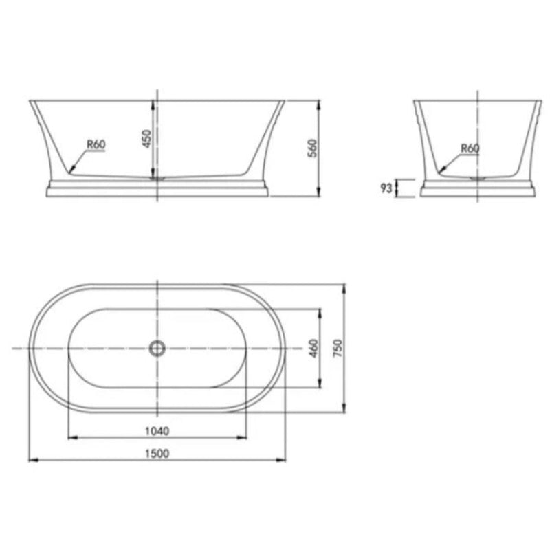 1500 X 750 560Mm Hampton Nf And Gloss White Freestanding Bathtub