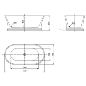 1500 X 750 560Mm Hampton Nf And Gloss White Freestanding Bathtub