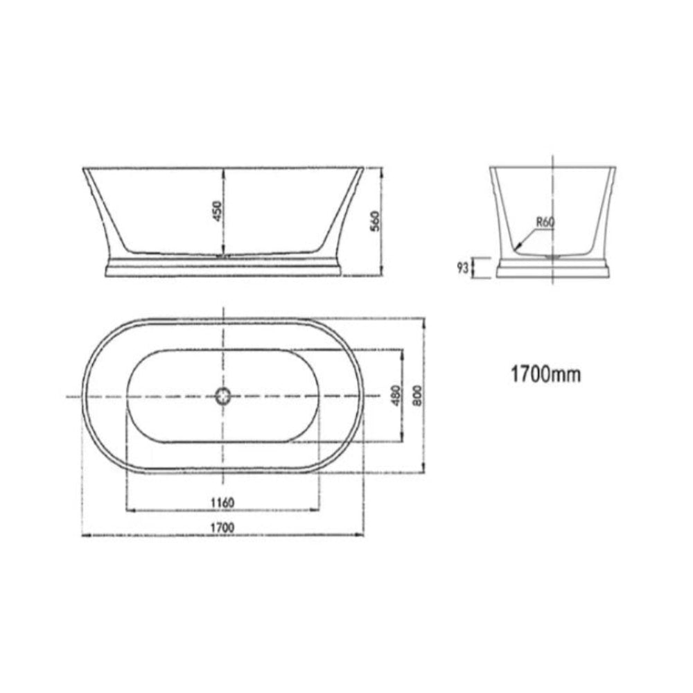 1700*800*560Mm Hampton Nf And Gloss White Freestanding Bathtub