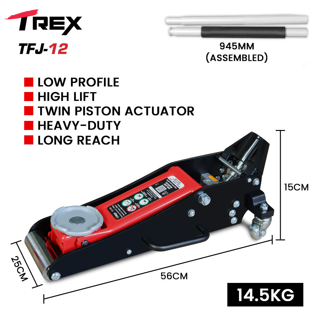 T Rex 1200Kg Hydraulic Trolley Floor Jack Low Profile Dual Pump Quick Release Handle For Jacking Car