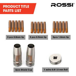 Rossi 18Pc Welding Consumables Kit To Suit Mig/Mag 14 15Ak Torch Includes Tips Shield Cups