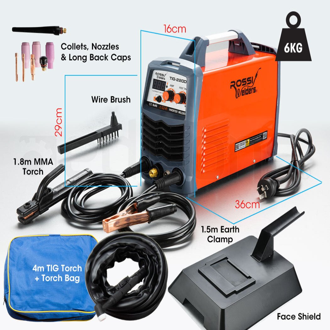 Rossi 220 Amp Tig Welder Portable Gtaw Stick Gas Tungsten Arc Mma Inverter Welding Machine 15A Plug