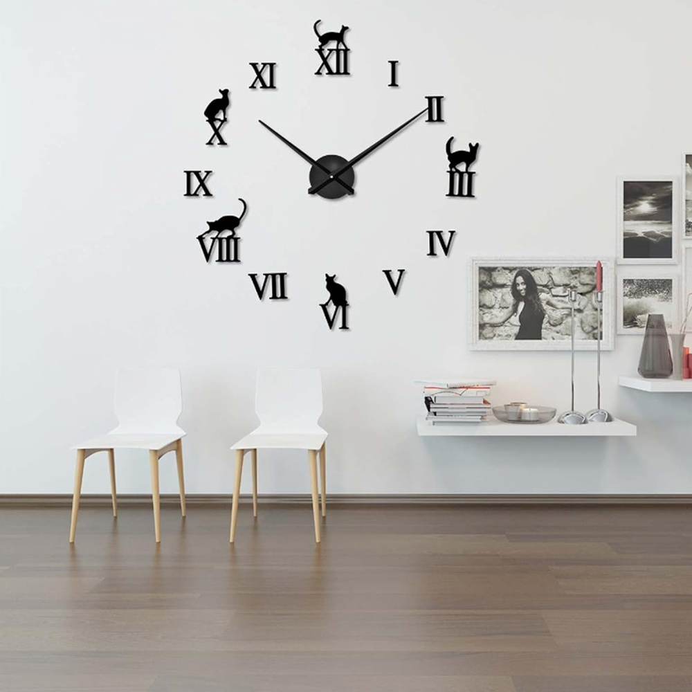 Wall Clock Black Design 47 Inch 3D Diy Mirror Acrylic Sticker Quartz