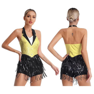 House Of Dasein Womens Jazz Latin Dance Performance Costume Halter Backless Sequins Jumpsuit